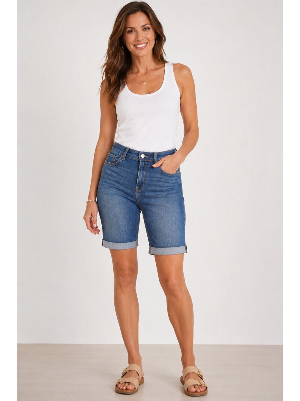 White House Black Market Bermuda Denim Shorts Size 14 Stretch Cuffed Blue